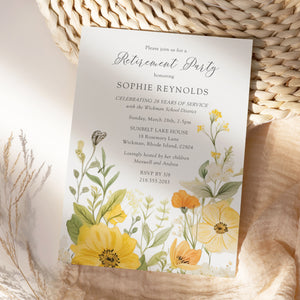 Retirement party invitations with pastel botanicals and sage greenery for teachers, nurses, and administrators, expressing thanks for their service