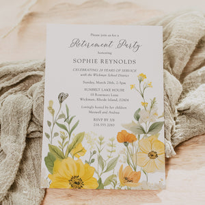 Retirement party invitations with pastel botanicals and sage greenery for teachers, nurses, and administrators, expressing thanks for their service