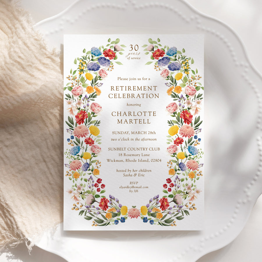 Wildflower-themed retirement celebration invitation with your photo in colorful floral purple pink yellow and greenery boho theme, symbolizing a joyous transition to new beginnings and freedom, perfect for celebrating a significant career milestone