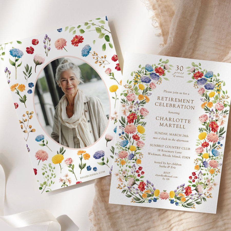 Wildflower-themed retirement celebration invitation with your photo in colorful floral purple pink yellow and greenery boho theme, symbolizing a joyous transition to new beginnings and freedom, perfect for celebrating a significant career milestone