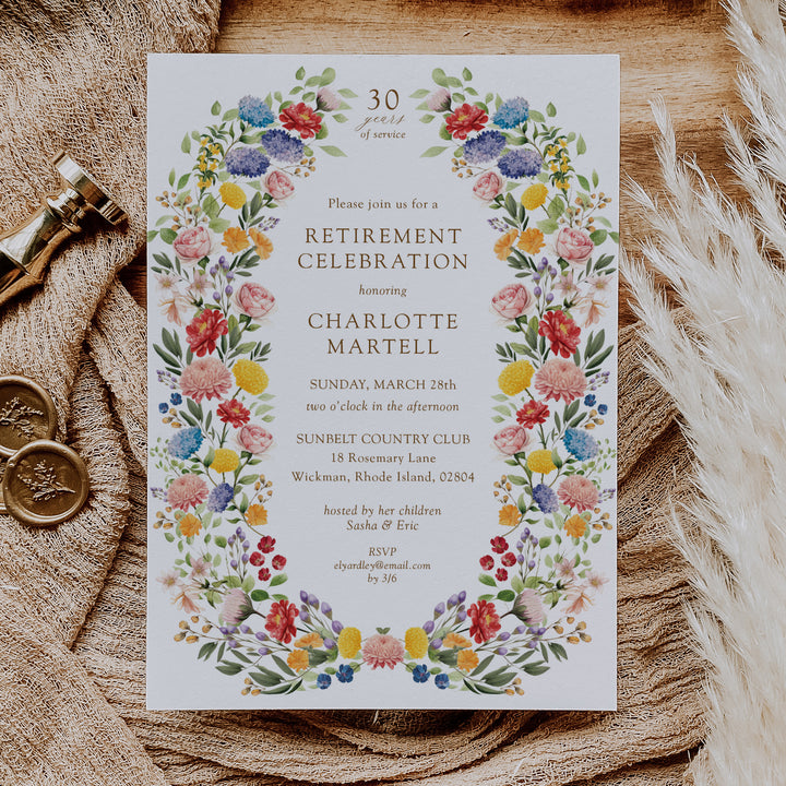 Wildflower-themed retirement celebration invitation in colorful floral purple pink yellow and greenery boho theme, symbolizing a joyous transition to new beginnings and freedom, perfect for celebrating a significant career milestone