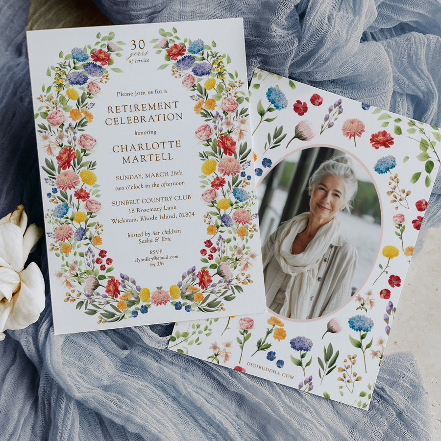 Wildflower-themed retirement celebration invitation with your photo in colorful floral purple pink yellow and greenery boho theme, symbolizing a joyous transition to new beginnings and freedom, perfect for celebrating a significant career milestone