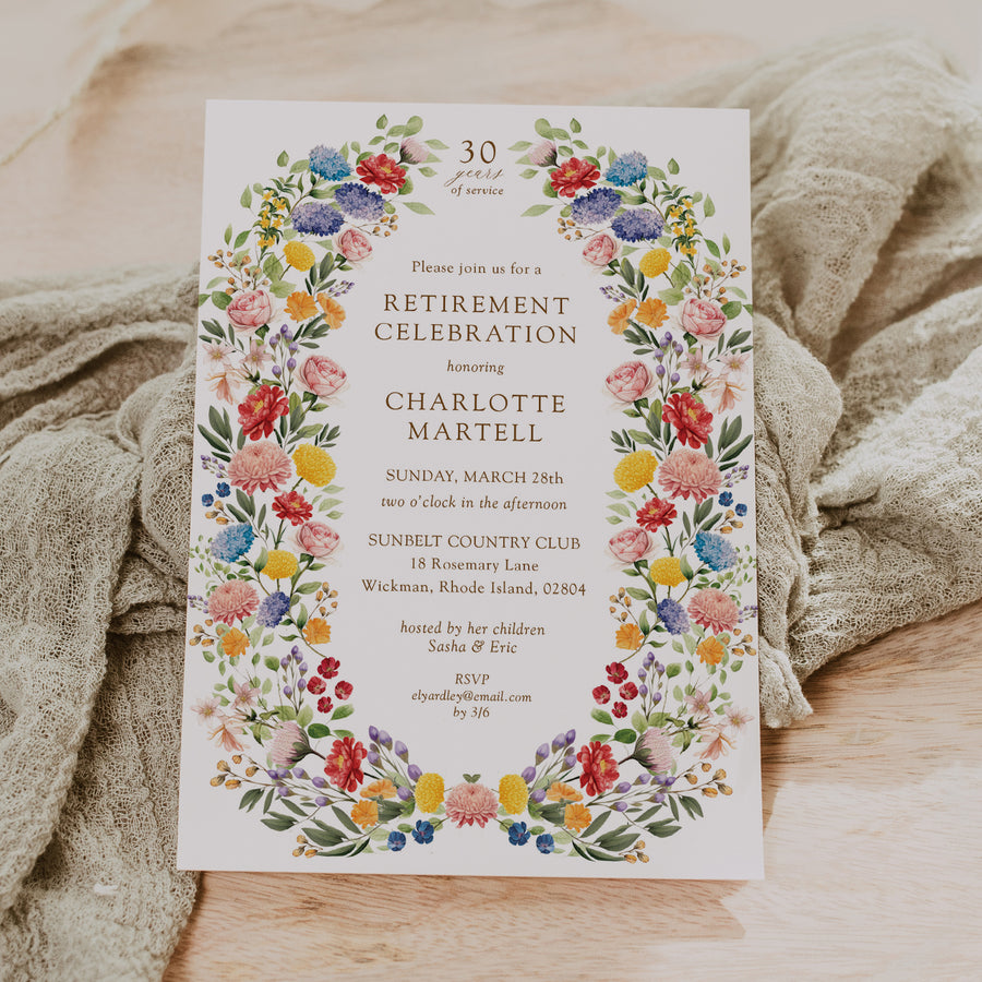 Wildflower-themed retirement celebration invitation with your photo in colorful floral purple pink yellow and greenery boho theme, symbolizing a joyous transition to new beginnings and freedom, perfect for celebrating a significant career milestone