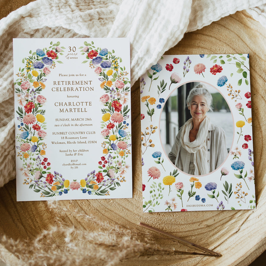 Wildflower-themed retirement celebration invitation with your photo in colorful floral purple pink yellow and greenery boho theme, symbolizing a joyous transition to new beginnings and freedom, perfect for celebrating a significant career milestone