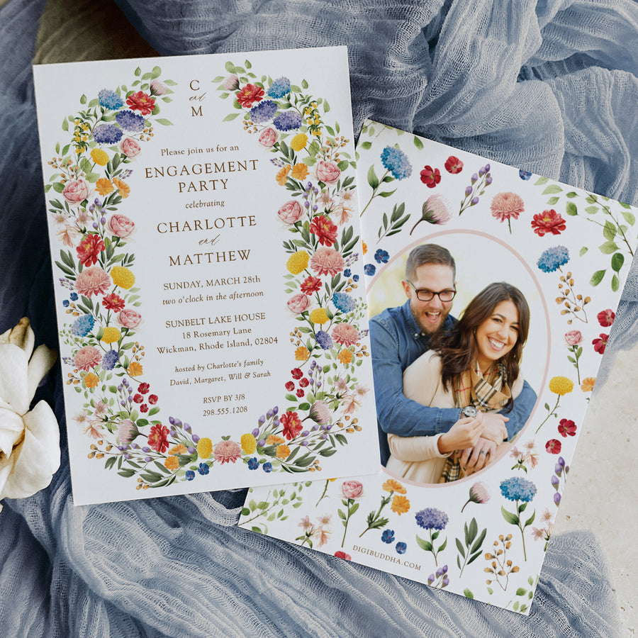 Elegant engagement party invitation featuring botanical greenery and floral designs, celebrating the couple's announcement