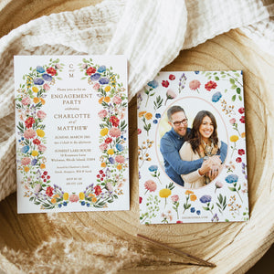 Elegant engagement party invitation featuring botanical greenery and floral designs, celebrating the couple's announcement