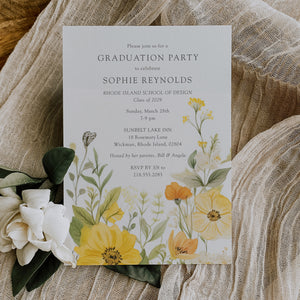 Graduation party invitation with pastel yellow wildflowers and sage greenery, vintage botanical design for high school and college graduation garden party celebrations.