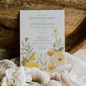 Graduation party invitation with pastel yellow wildflowers and sage greenery, vintage botanical design for high school and college graduation garden party celebrations.