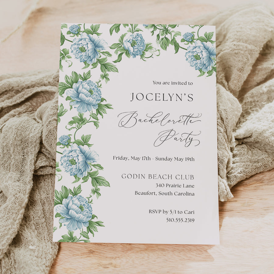 Green blue toile bachelorette party invitation with French blue Charleston blue floral and with greenery stems, ideal for an elegant southern party