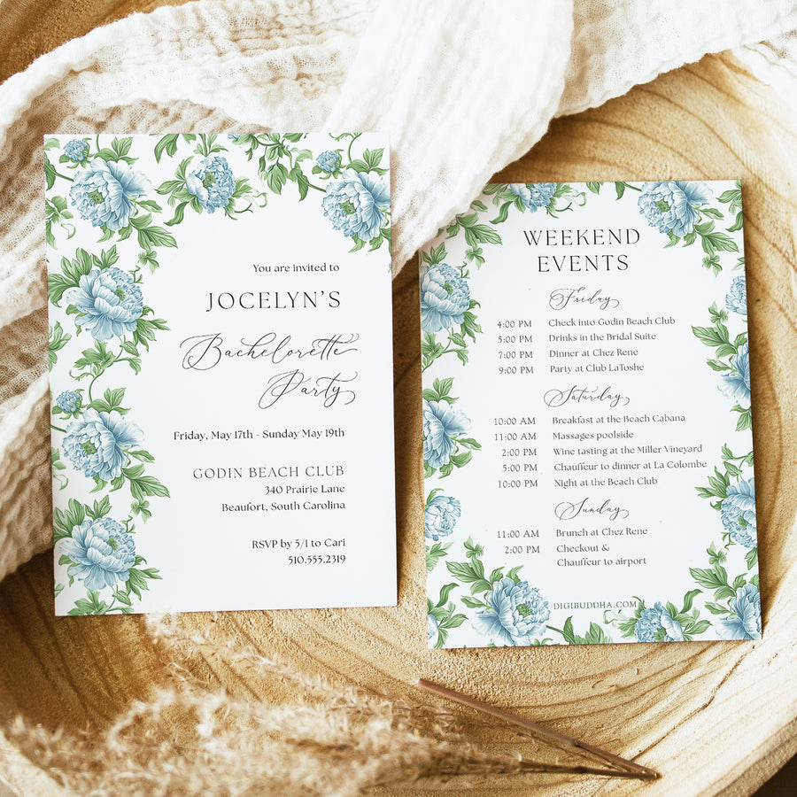Green blue toile bachelorette party invitation with French blue Charleston blue floral and with greenery stems, ideal for an elegant southern party
