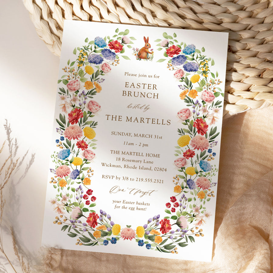 Colorful wildflower Easter Brunch invitation, Cut bunny graphic surrounded by floral arch symbolizing the beauty of spring and the promise of a cherished gathering filled with laughter and unforgettable memories
