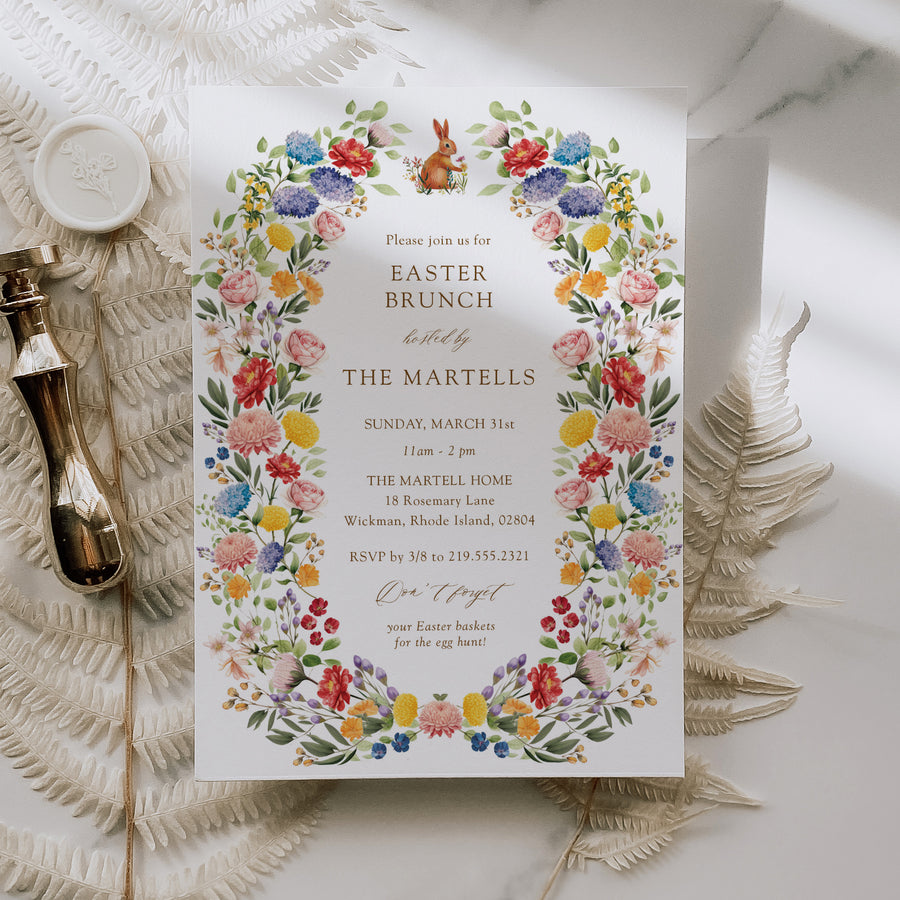 Colorful wildflower Easter Brunch invitation, Cut bunny graphic surrounded by floral arch symbolizing the beauty of spring and the promise of a cherished gathering filled with laughter and unforgettable memories