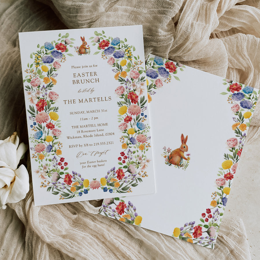 Colorful wildflower Easter Brunch invitation, Cut bunny graphic surrounded by floral arch symbolizing the beauty of spring and the promise of a cherished gathering filled with laughter and unforgettable memories