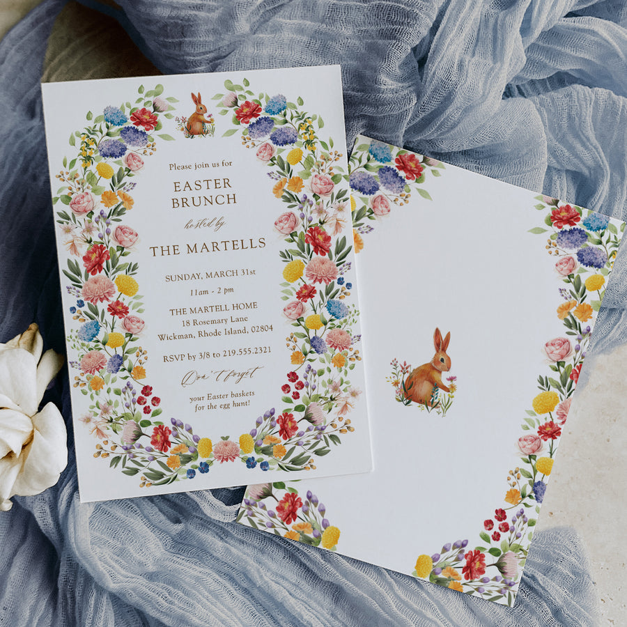 Colorful wildflower Easter Brunch invitation, Cut bunny graphic surrounded by floral arch symbolizing the beauty of spring and the promise of a cherished gathering filled with laughter and unforgettable memories