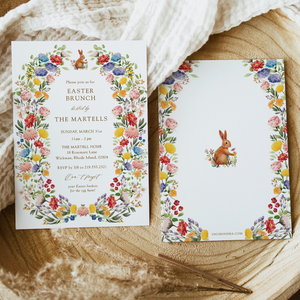 Colorful wildflower Easter Brunch invitation, Cut bunny graphic surrounded by floral arch symbolizing the beauty of spring and the promise of a cherished gathering filled with laughter and unforgettable memories