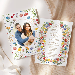 Elegant wildflower rehearsal dinner invitation with option for photo, capturing the essence of pre-wedding excitement and togetherness, full floral flowers in purple pink yellow and greenery. ideal for setting the scene for a memorable night before the wedding.