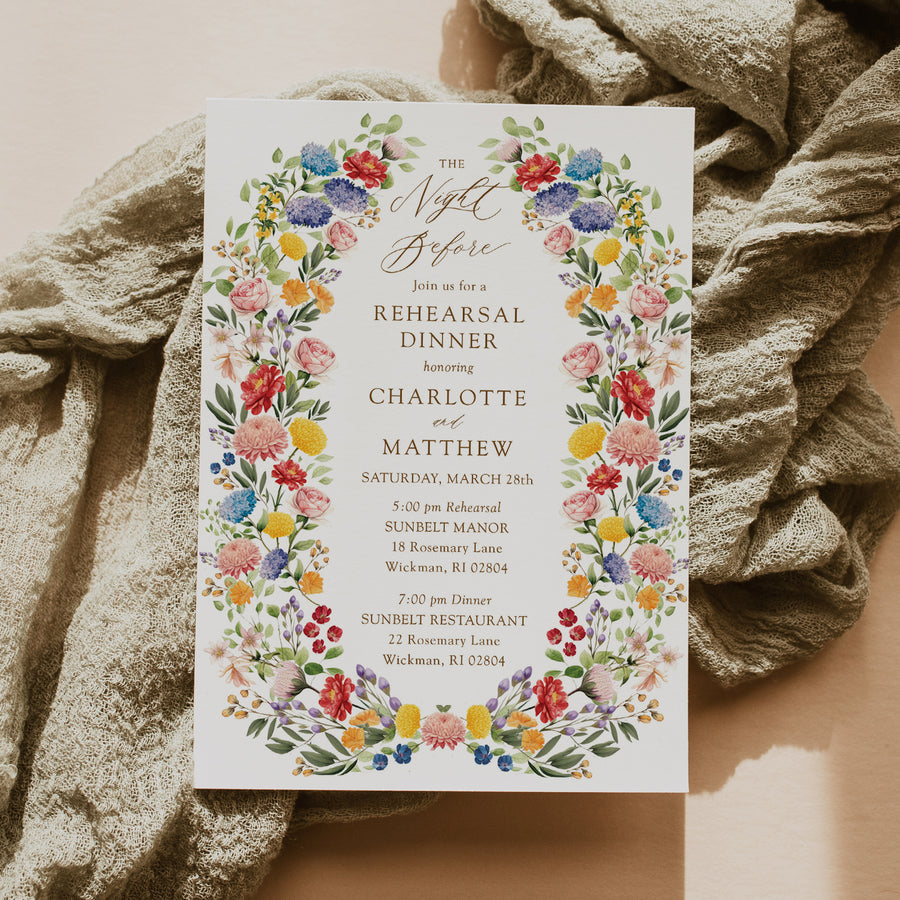 Elegant wildflower rehearsal dinner invitation with option for photo, capturing the essence of pre-wedding excitement and togetherness, full floral flowers in purple pink yellow and greenery. ideal for setting the scene for a memorable night before the wedding.