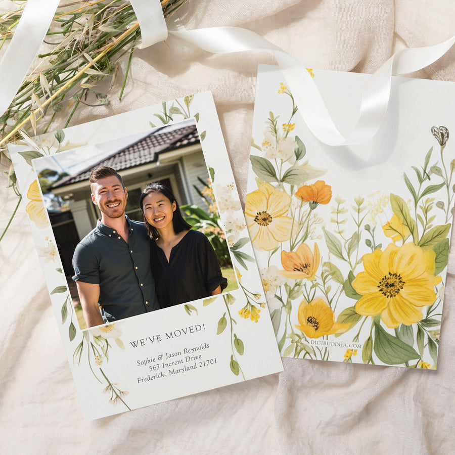 Moving announcement card with pastel wildflowers and sage greenery, yellow wildflower and modern rustic florals announcing a new home with whimsy and warmth.