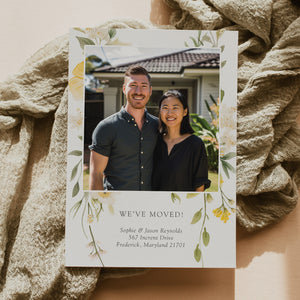 Moving announcement card with pastel wildflowers and sage greenery, yellow wildflower and modern rustic florals announcing a new home with whimsy and warmth.