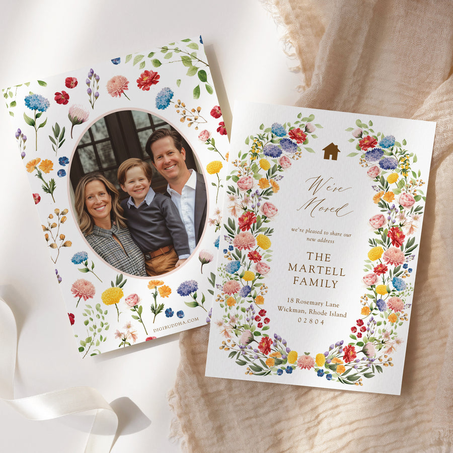 Elegant We've Moved announcement card featuring boho floral designs, perfect for sharing the excitement of a new home this spring.