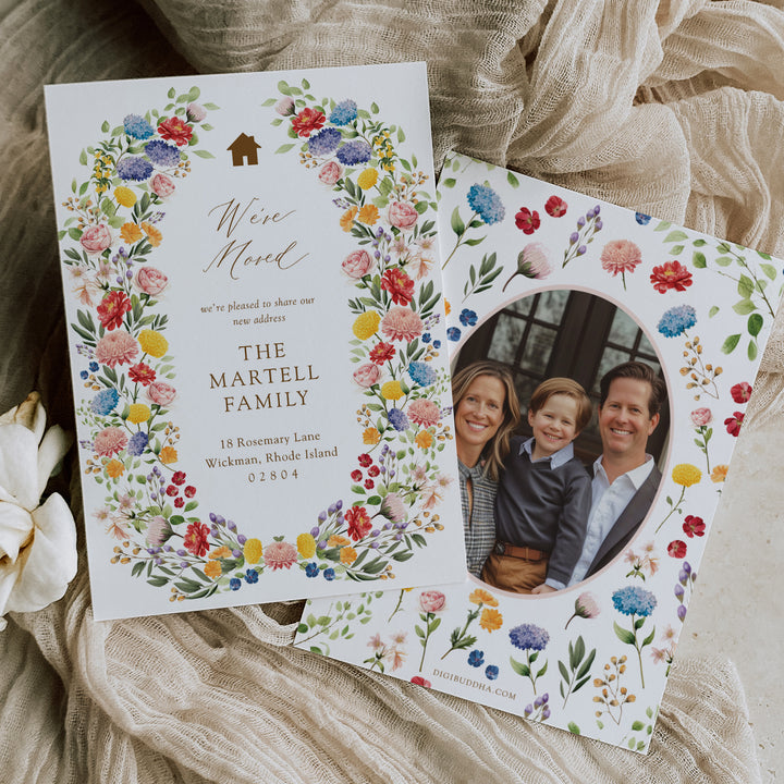 Elegant We've Moved announcement card featuring boho floral designs, perfect for sharing the excitement of a new home this spring.