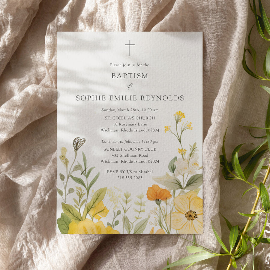 Wildflower baptism invitation with pastel yellow and sage green botanical designs, perfect for a spring/summer garden party.