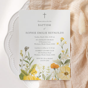 Wildflower baptism invitation with pastel yellow and sage green botanical designs, perfect for a spring/summer garden party.