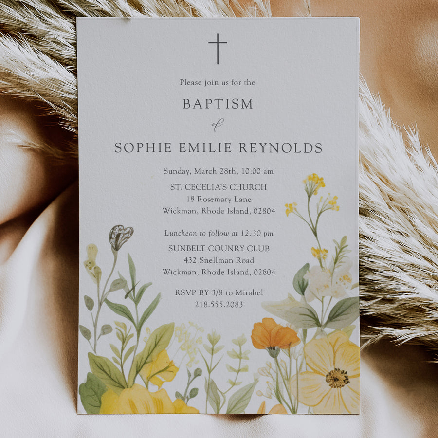 Wildflower baptism invitation with pastel yellow and sage green botanical designs, perfect for a spring/summer garden party.