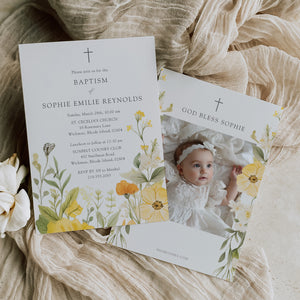 Wildflower baptism invitation with pastel yellow and sage green botanical designs, perfect for a spring/summer garden party.