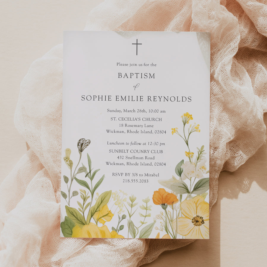 Wildflower baptism invitation with pastel yellow and sage green botanical designs, perfect for a spring/summer garden party.