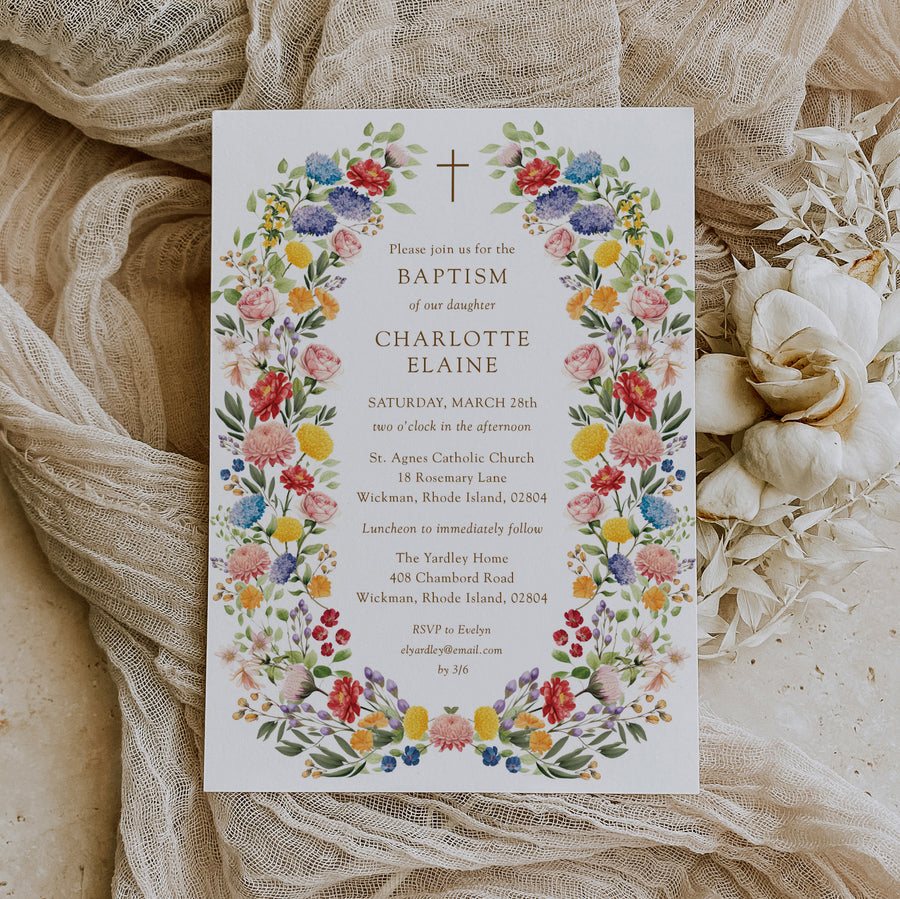 Elegant wildflower baptism invitation card from our spring garden collection, capturing the essence of a baby's christening or first communion with a botanical design, ready to share joy with loved ones.