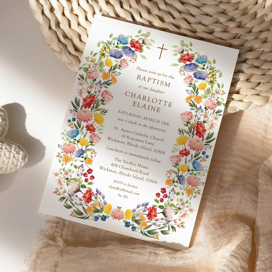 Elegant wildflower baptism invitation card from our spring garden collection, capturing the essence of a baby's christening or first communion with a botanical design, ready to share joy with loved ones.