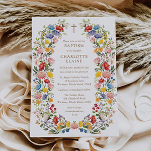 Elegant wildflower baptism invitation card from our spring garden collection, capturing the essence of a baby's christening or first communion with a botanical design, ready to share joy with loved ones.