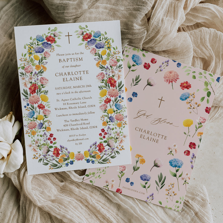 Elegant wildflower baptism invitation card from our spring garden collection, capturing the essence of a baby's christening or first communion with a botanical design, ready to share joy with loved ones.