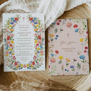 Elegant wildflower baptism invitation card from our spring garden collection, capturing the essence of a baby's christening or first communion with a botanical design, ready to share joy with loved ones.