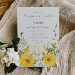 Yellow wildflower bridesmaids luncheon invitation featuring pastel greenery and floral watercolor designs, symbolizing elegant thank you.