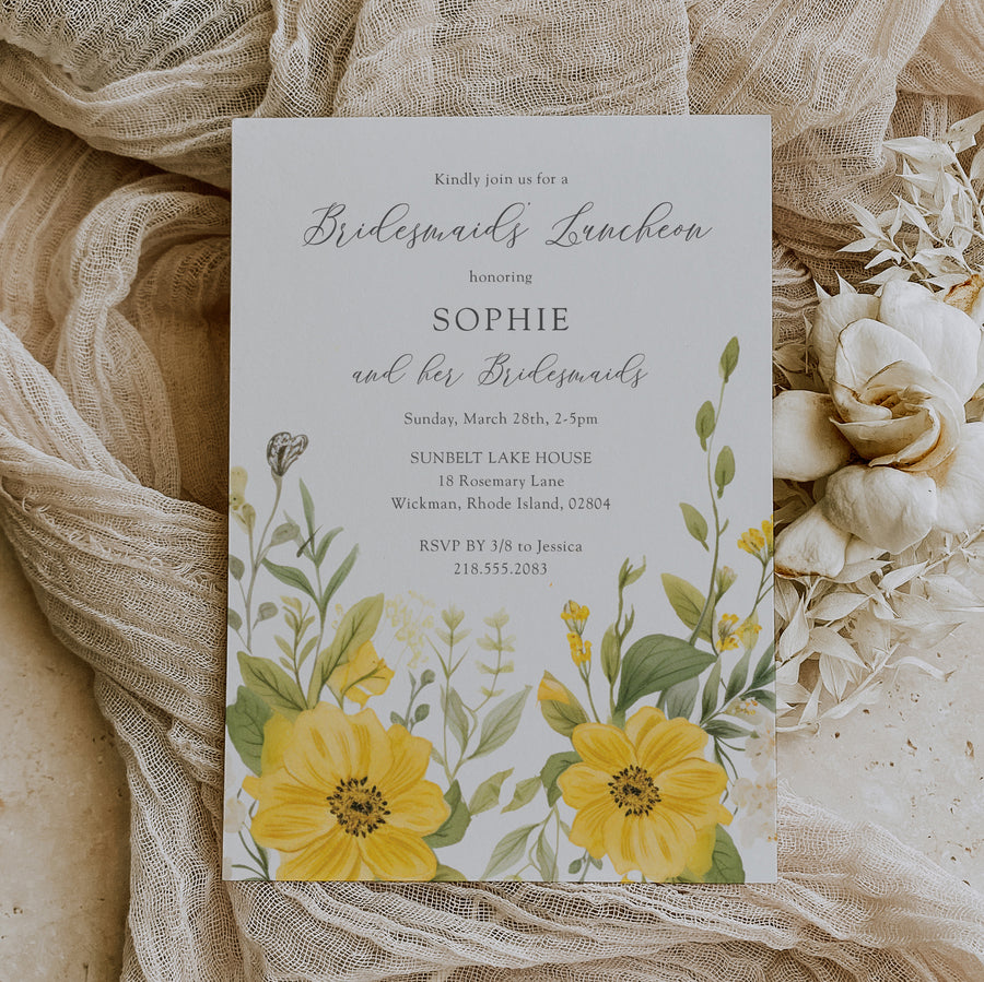 Yellow wildflower bridesmaids luncheon invitation featuring pastel greenery and floral watercolor designs, symbolizing elegant thank you.