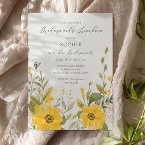 Yellow wildflower bridesmaids luncheon invitation featuring pastel greenery and floral watercolor designs, symbolizing elegant thank you.