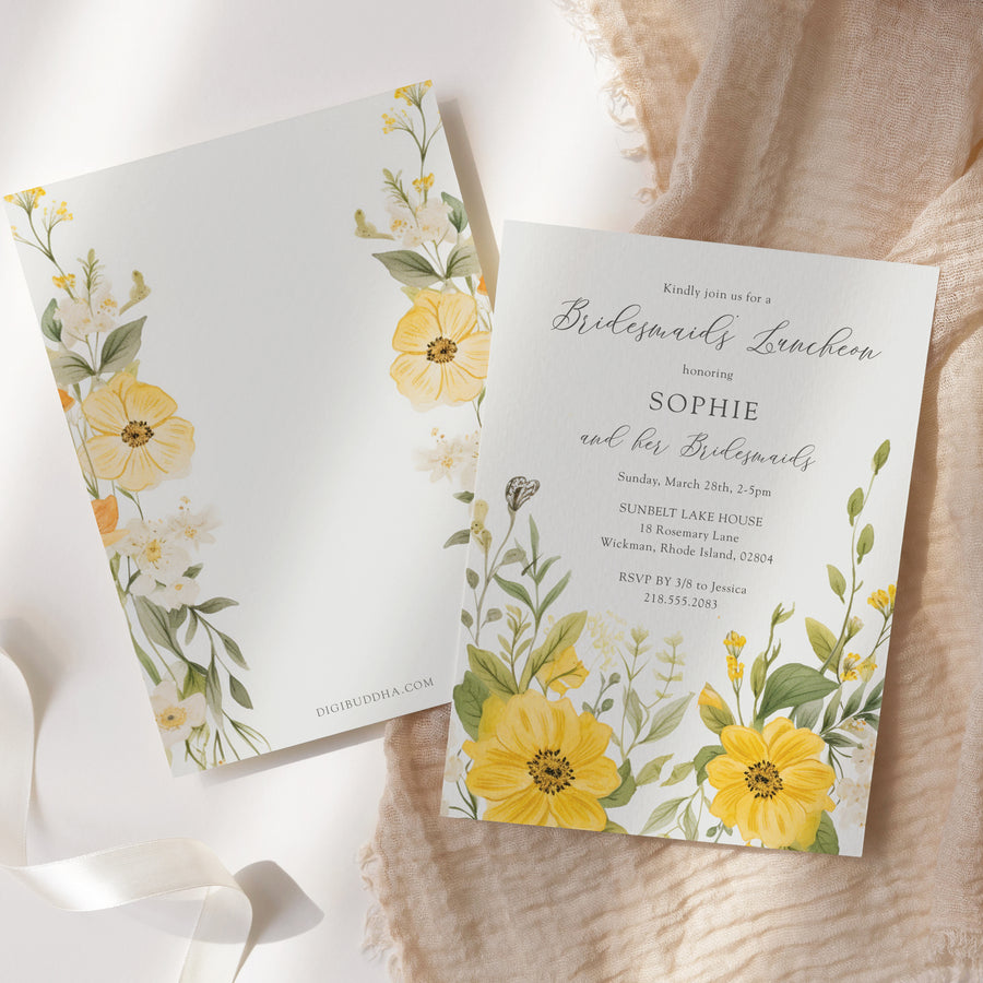 Yellow wildflower bridesmaids luncheon invitation featuring pastel greenery and floral watercolor designs, symbolizing elegant thank you.