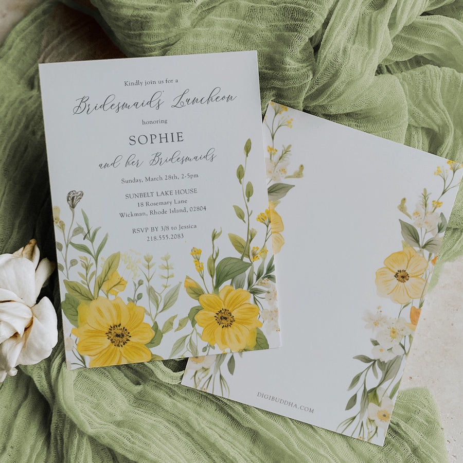 Yellow wildflower bridesmaids luncheon invitation featuring pastel greenery and floral watercolor designs, symbolizing elegant thank you.