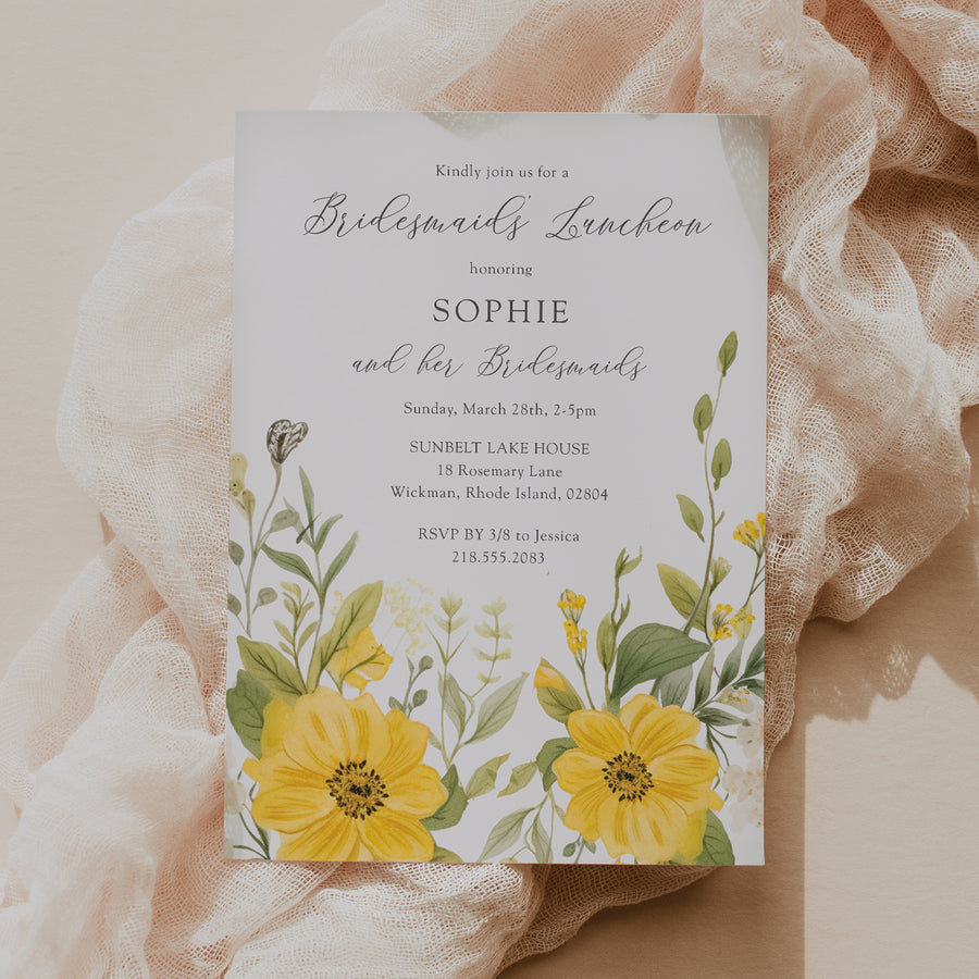 Yellow wildflower bridesmaids luncheon invitation featuring pastel greenery and floral watercolor designs, symbolizing elegant thank you.