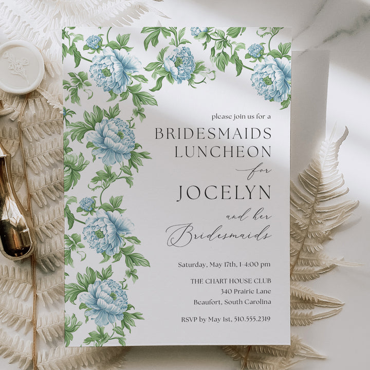 Elegant dusty blue floral and toile bridesmaids luncheon invitation with watercolor designs and vintage charm, perfect for a preppy garden party.