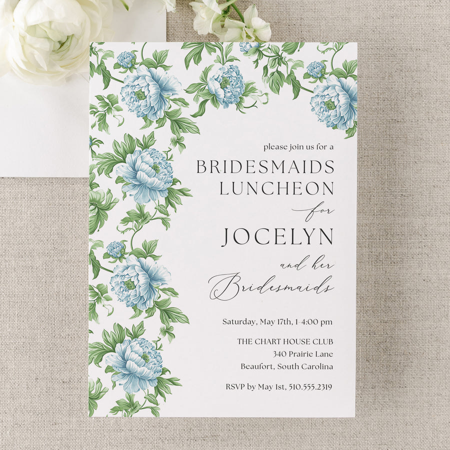 Elegant dusty blue floral and toile bridesmaids luncheon invitation with watercolor designs and vintage charm, perfect for a preppy garden party.