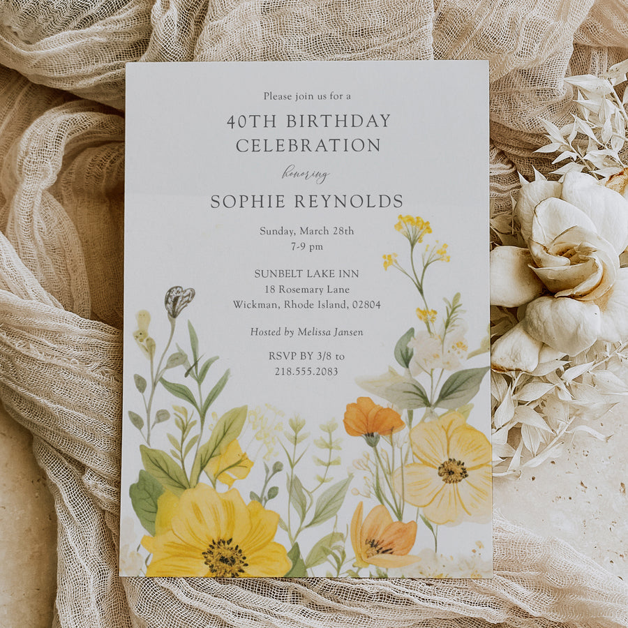 Elegant yellow wildflower birthday party invitation with pastel and sage green tones, perfect for a whimsical 40th or 50th garden party celebration.