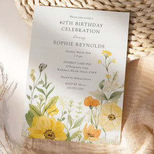 Elegant yellow wildflower birthday party invitation with pastel and sage green tones, perfect for a whimsical 40th or 50th garden party celebration.