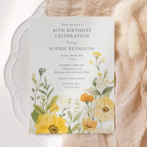 Elegant yellow wildflower birthday party invitation with pastel and sage green tones, perfect for a whimsical 40th or 50th garden party celebration.