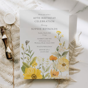 Elegant yellow wildflower birthday party invitation with pastel and sage green tones, perfect for a whimsical 40th or 50th garden party celebration.