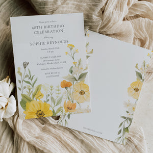 Elegant yellow wildflower birthday party invitation with pastel and sage green tones, perfect for a whimsical 40th or 50th garden party celebration.