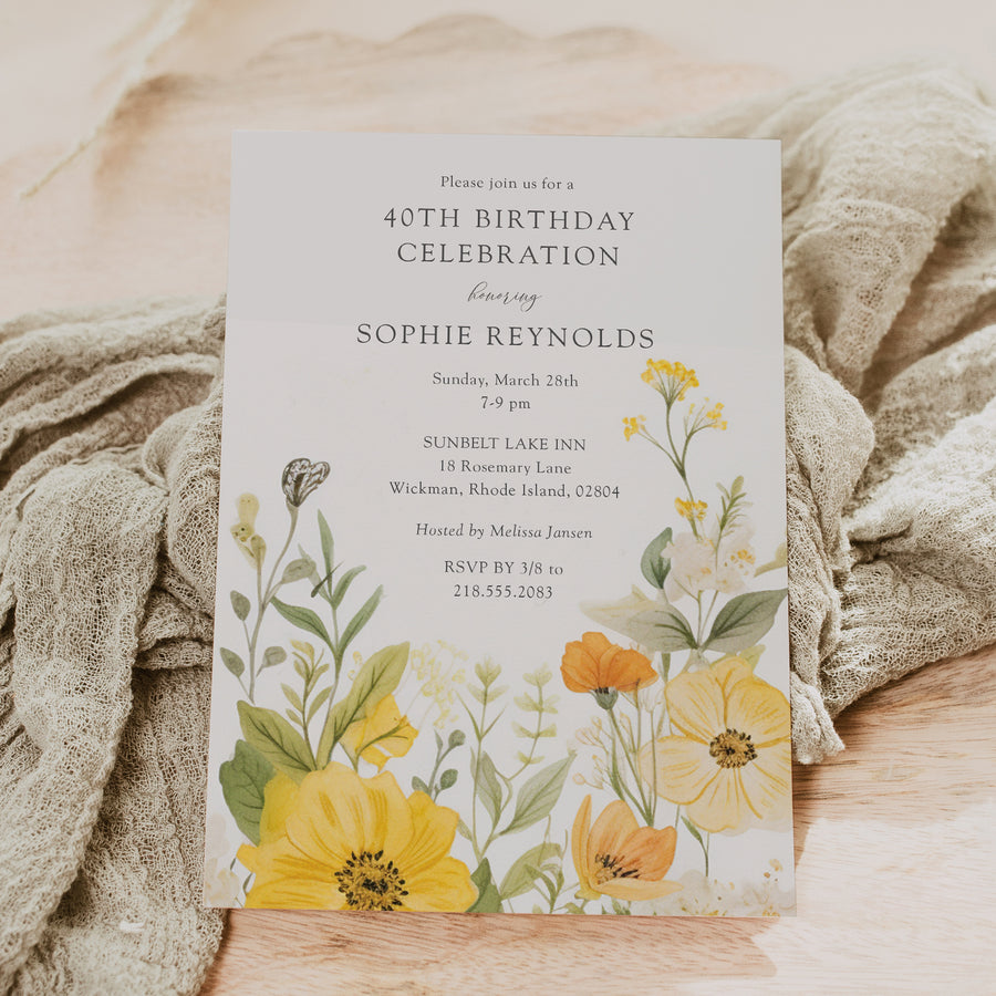 Elegant yellow wildflower birthday party invitation with pastel and sage green tones, perfect for a whimsical 40th or 50th garden party celebration.