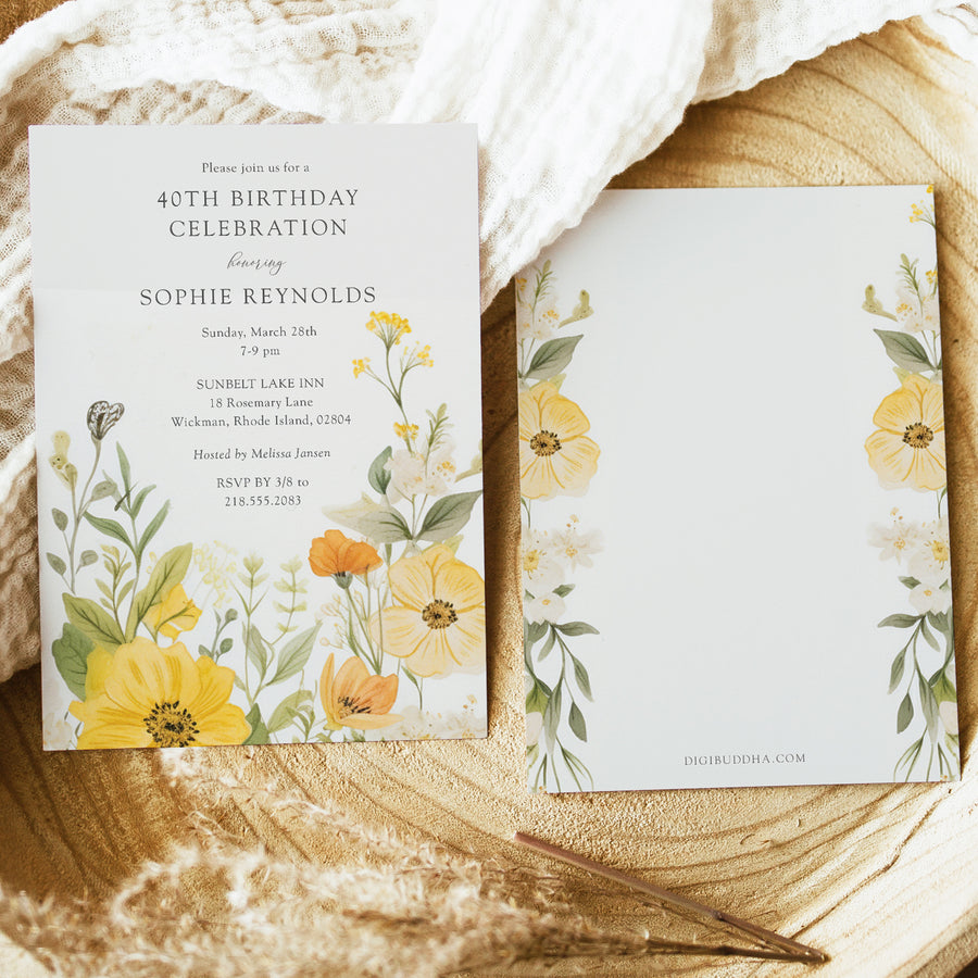 Elegant yellow wildflower birthday party invitation with pastel and sage green tones, perfect for a whimsical 40th or 50th garden party celebration.